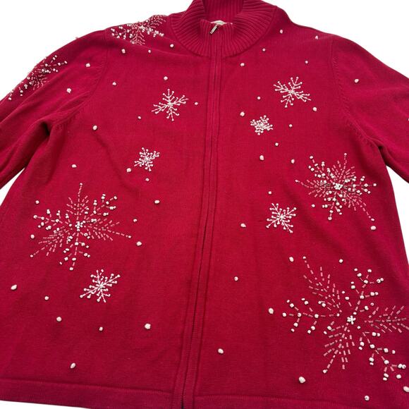 Norm Thompson Womens VTG Red Christmas Snowflake Full Zip Sweater Cardigan Sz L - Picture 2 of 14